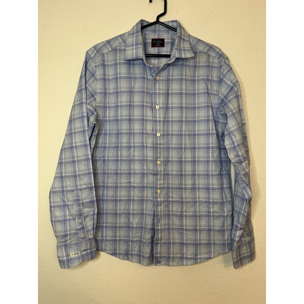 Untuckit Mens L Shirt Blue Plaid Button Down Long Sleeve Wrinkle Free Cotton
